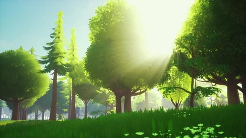 Cartoon Green Forest Landscape with Trees and Flowers