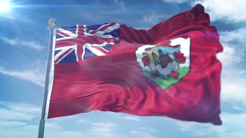 Realistic Bermuda Flag Waving in Wind Against Blue Sky