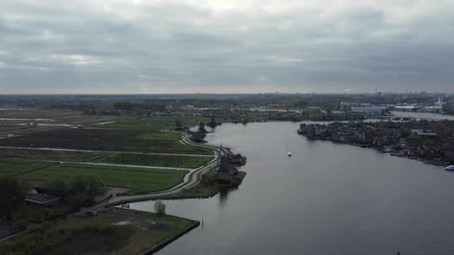 Mills in Holland at the Zaanse Schans. Aerial on a cloudy day