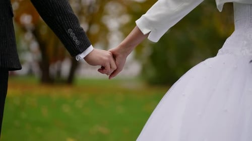 Wedding in Autumn Groom and Bride are Holding Hands and Walking in Park Closeup of Hands