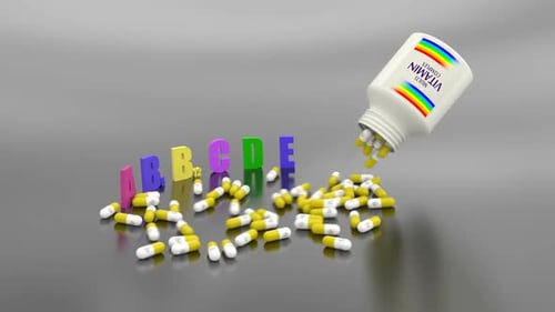 Animated Multivitamin Capsules Spill with ABCDE Letters