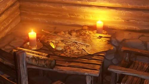 Animated 3D Treasure Map Adventure Scene with Candles and Compass