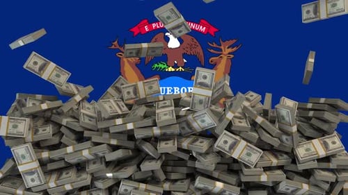 US Dollars falling in front of Michigan State Flag