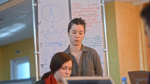 Young Woman Teacher Is Talking To Students During Learning Day in University Irrl.