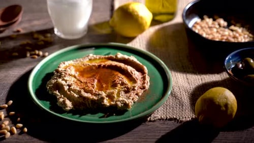 Mediterranean Appetizers Displayed on Wooden Table