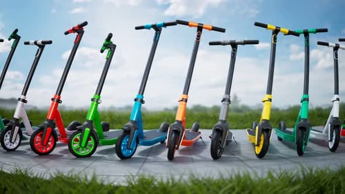 D'innombrables scooters électriques colorés se dressent dans une rangée par une journée ensoleillée. 4KHD
