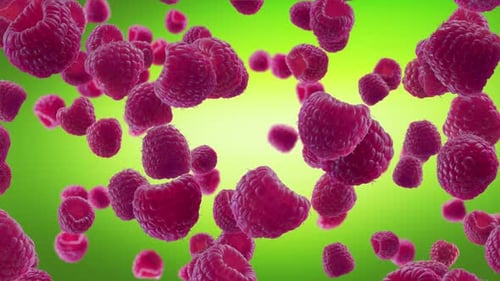 Raspberries Falling on Green Background