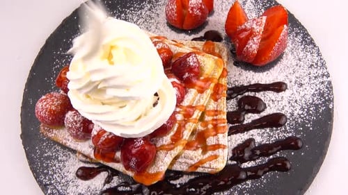 Sweet Waffle Dessert with Strawberries and Cream
