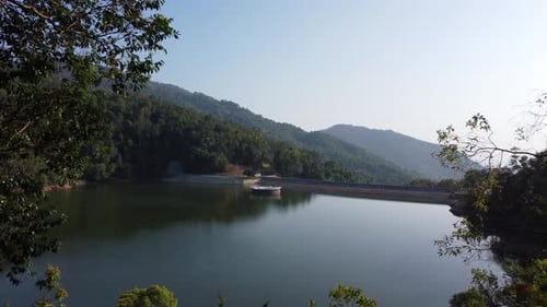 Fly through trees towards dam reservoir in morning.