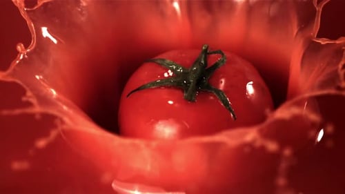 Super Slow Motion Whole Tomato Falls Into Tomato Juice with Splashes