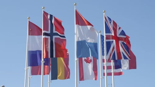 National Flags Waving Against Blue Sky