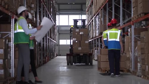 Diverse Warehouse Staff and Machinery During Work