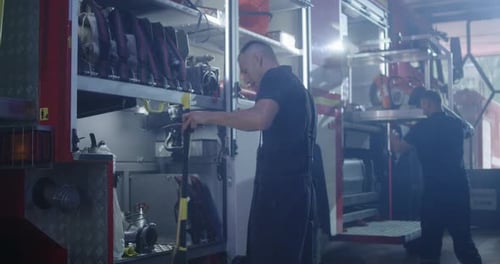 Fireman in Mask Cleaning Fire Engine
