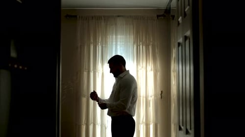Wide View of Groom Buttons Stud Cuff White Shirt