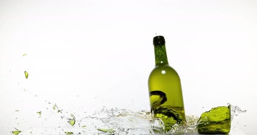 Bouteille de vin blanc se brisant et éclaboussant sur fond blanc, ralenti 4K