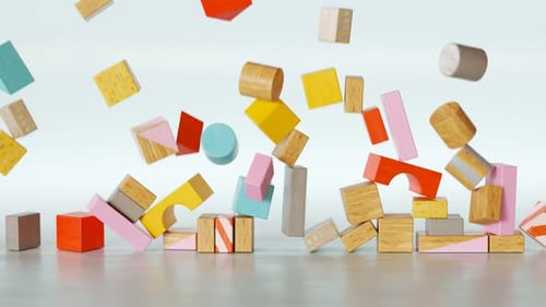 Demolición rápida de un castillo hecho de coloridos bloques de madera. 4K HD