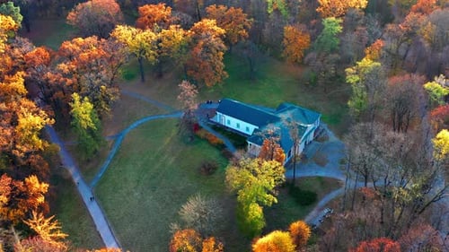 Flight in the evening over trees, park, building. The trees are covered with red, yellow.
