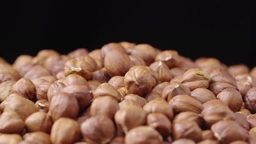 Pile of Shelled Hazelnuts Against Dark Background