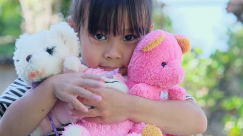 Young Child Hugging Favorite Stuffed Animals Outdoors