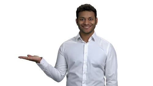 Young Adult Man Presenting on White Background