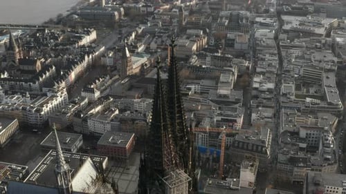 High Angle View of Top of Two Richly Decorated Gothic Towers of Cathedral Church of Saint Peter High
