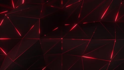 4K Abstrakte Bewegung Hintergrund. Dunkle Wellenoberfläche mit niedrigem Poly-Gehalt und leuchtend rotem Licht.