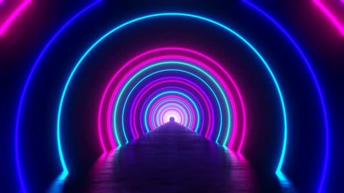 Looped Abstract Background of Flight in Iridescent Neon Circles Tunnel