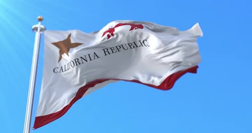 California Bear Flag Waving in Blue Sky with Sun Glare