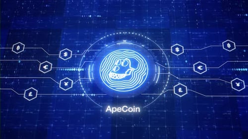 ApeCoin token animated logo. Bored Ape Yacht Club crypto coin. Bored Ape cryptocurrency animation