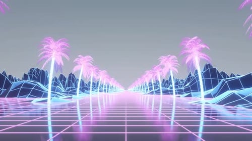 Neon Palm Trees on Retro Grid Road in Futuristic Landscape
