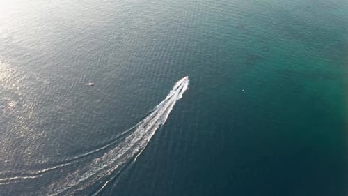 Aerial Drone Shot Over Small Speed Boat Rushing Adriatic Sea in Croatia
