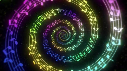 Rainbow Glowing Musical Notes Spiral Tunnel Background