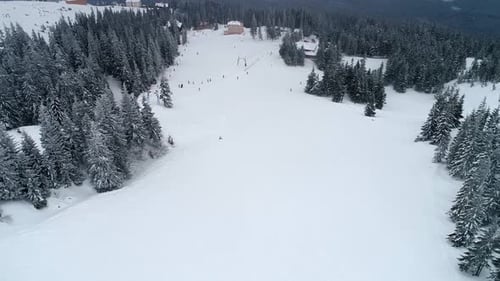 Fly over mountain ski resort