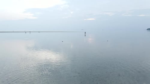Interracial Couple Walking in Shallow Sea Water at Sunset Aerial Flight Back