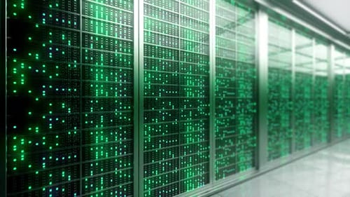 Futuristic Server Racks with Blinking Digital Data Flow