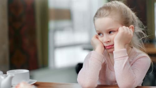 Attractive Boring Blonde Female Child Falling Asleep After Breakfast
