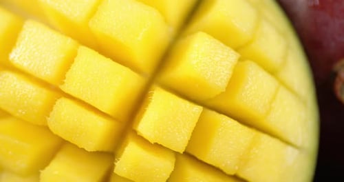 Cut Into Cubes Mango Slowly Rotates.