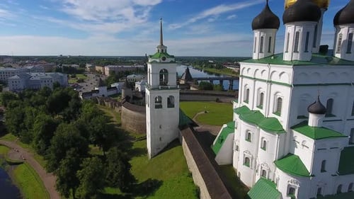 Aerial of Pskov Kremlin and Trinity Cathedral