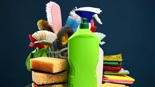 Assorted Colorful Cleaning Supplies Rotating on Display