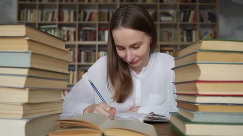 Female Student Sits at a Table in the Library Littered with Books