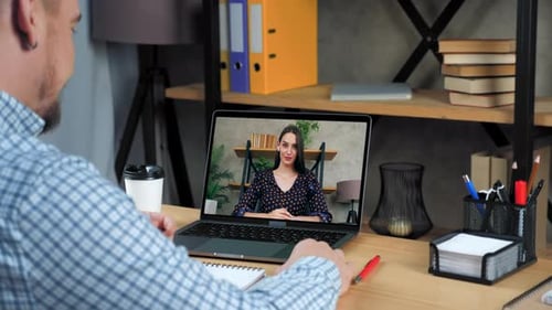 Businessman in Home Office Talk Top Manager Remote Video Call Webcam Chat Laptop
