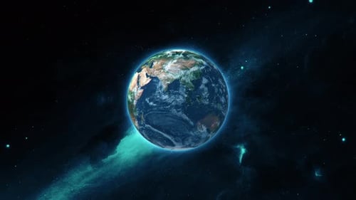 Earth in space with epic blue cosmos and stars. Planet Earth slowly rotating in solar system. Cosmos