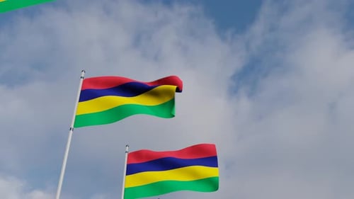 Realistic Waving Flags of Mauritius Against Blue Sky