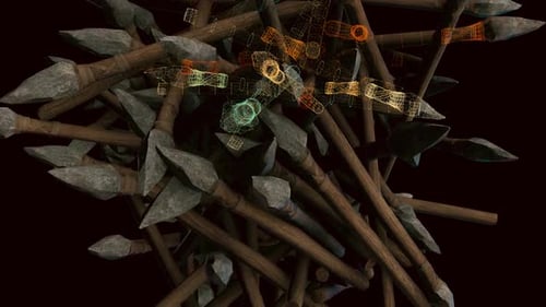 3D Primitive Spears with Wireframe Digital Data Scan Overlay