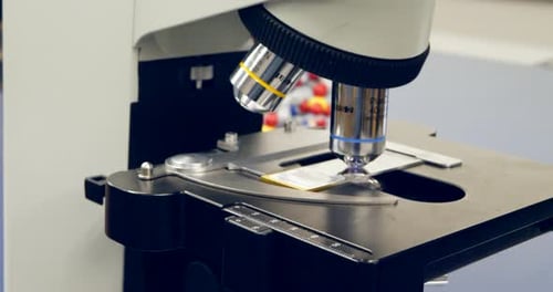 Close up on microscope lenses and a slide with human cancer cells in a science and medical research