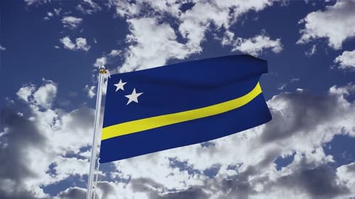 Curacao Flag Waving in Blue Sky with Clouds