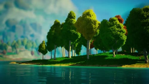 Cartoon Green Forest Landscape with Trees and Lake
