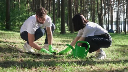 Volunteers Ecoactivist Planting Plants Caucasian Man and Asian Girl Care About Nature Planting