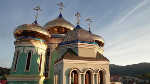 Christian Church at Sunset Aerial View Temple in the Transcarpathia Ukraine