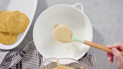 Making Pancakes in a Frying Pan Overhead View